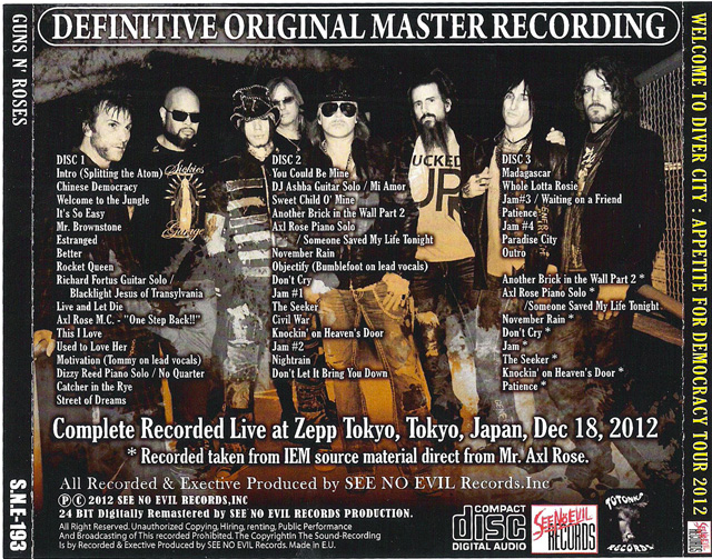 Welcome To Diver City bootleg Guns N' Roses Tokyo 2012 back cover